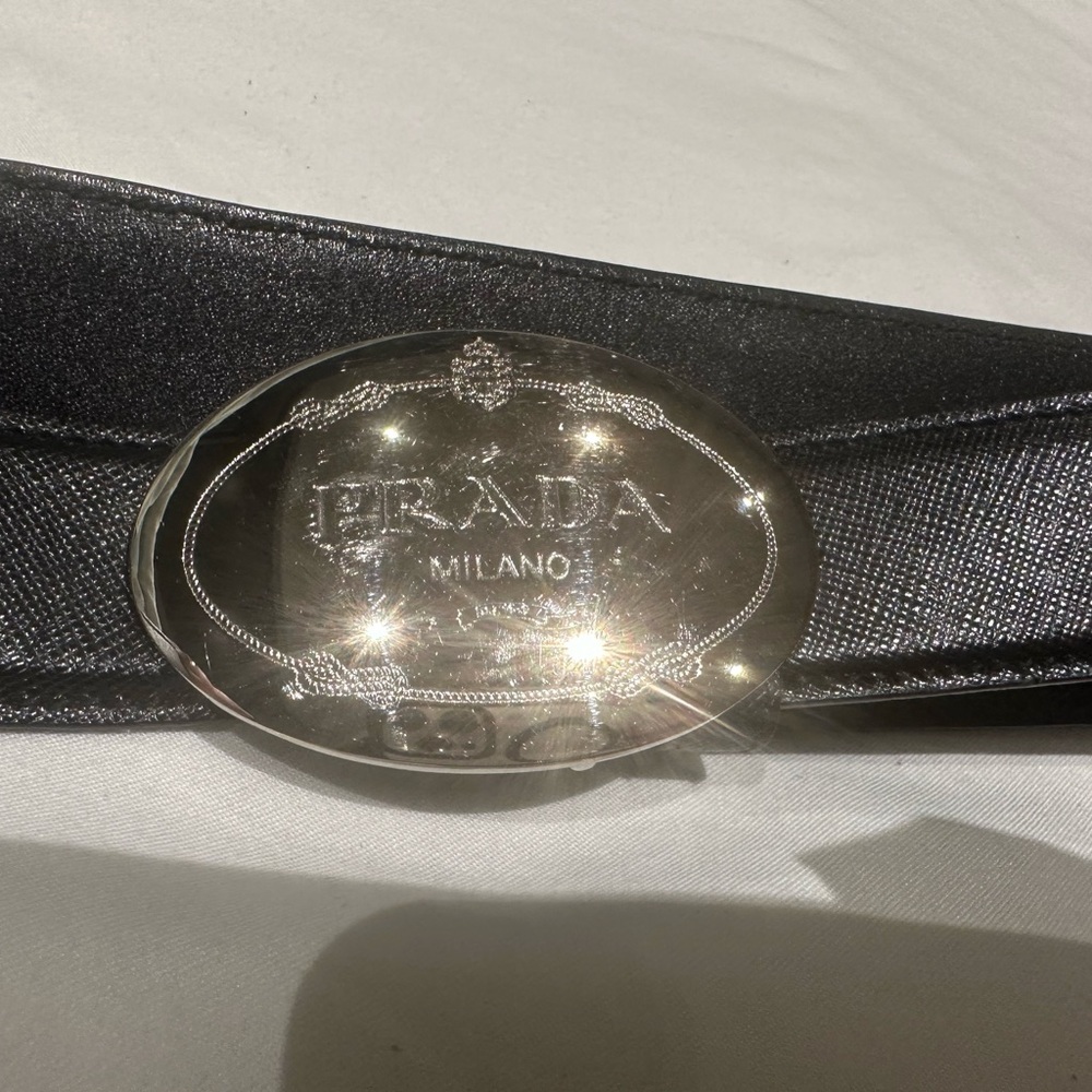 Prada Black Leather Belt with Silver Oval Buckle